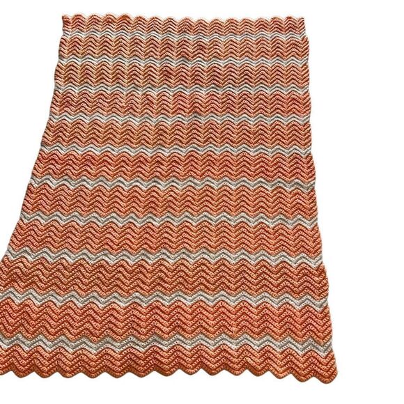 Orange and White Crochet Lap Blanket Afghan - Picture 4 of 4
